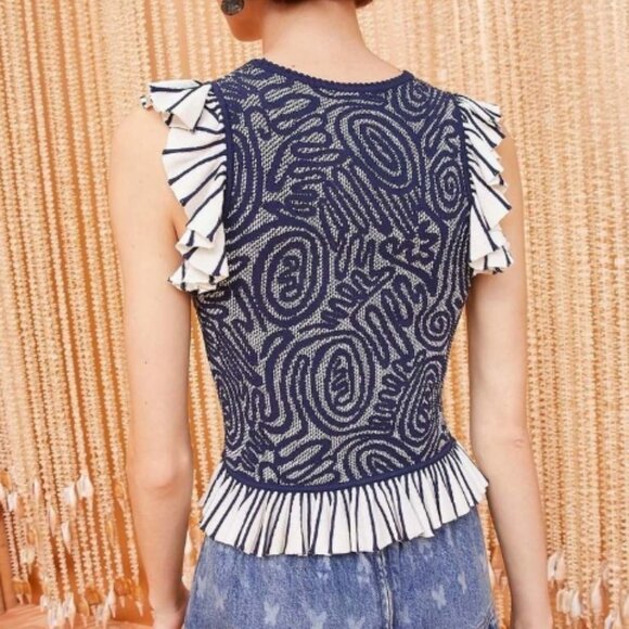 NWOT ULLA JOHNSON Emmeline Ruffled Crewneck Jacquard Knit Top in Ink P $390 - Picture 9 of 12